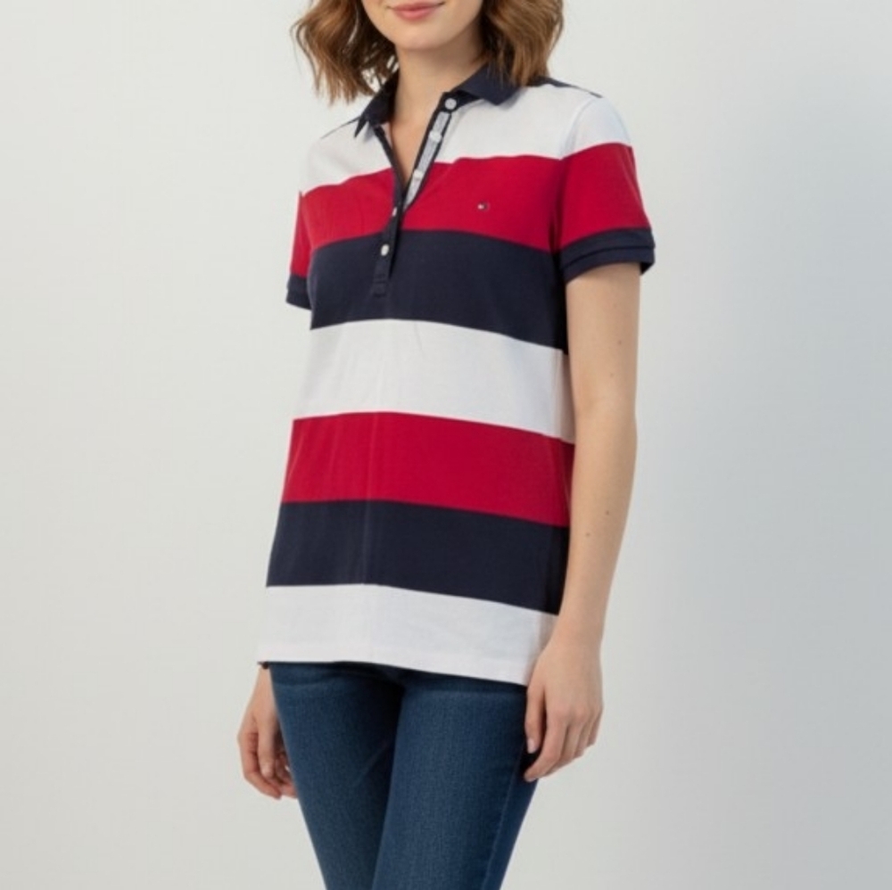Tommy Hilfiger Women's Striped Preppy Red White and Blue Polo Shirt, Size M